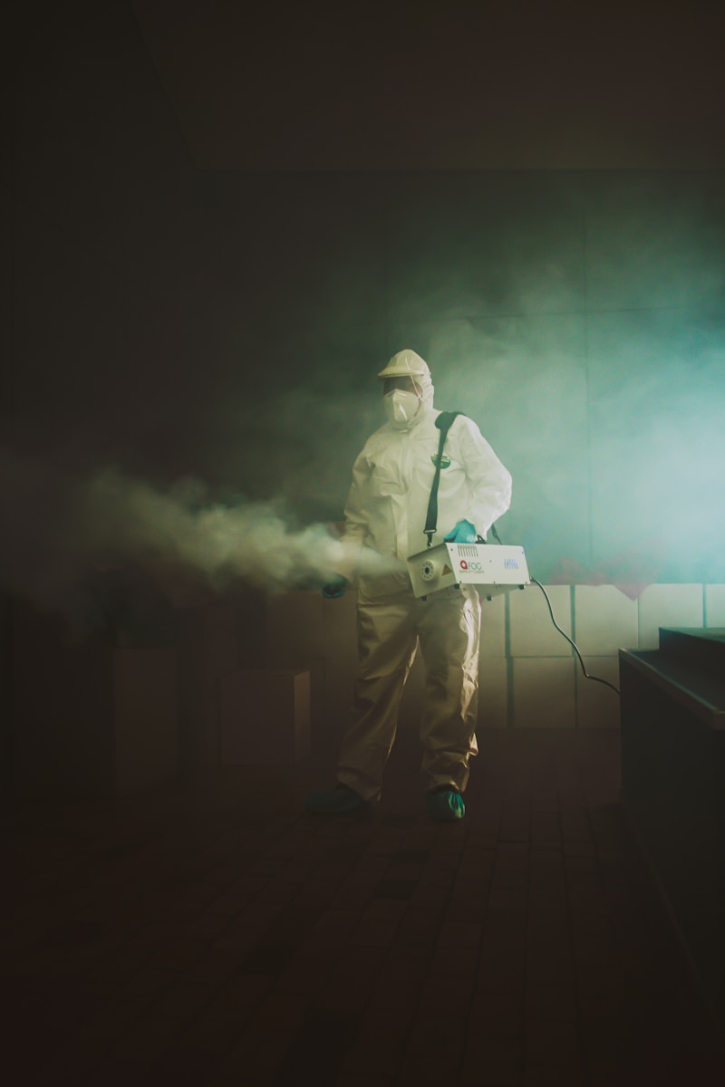 Technician in a full protective suit using a fogging machine to disinfect a dark indoor space with visible mist or smoke during trauma scene cleanup serving North Country, Plattsburgh, NY.